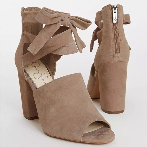 NEW Jessica Simpson Kandiss Block Heel Open Toe Tie Up Suede Sandal in Taupe - Picture 2 of 8